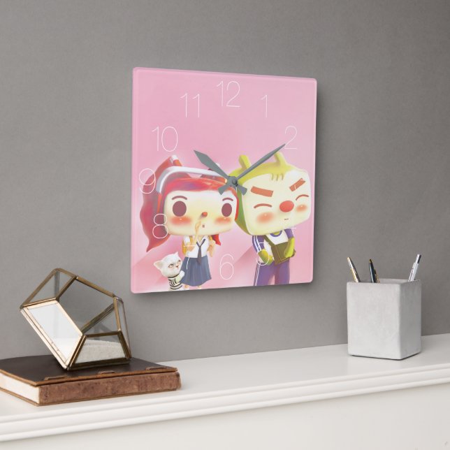 Relógio Quadrado Caracteres Whimsic com Cat (Escritório)