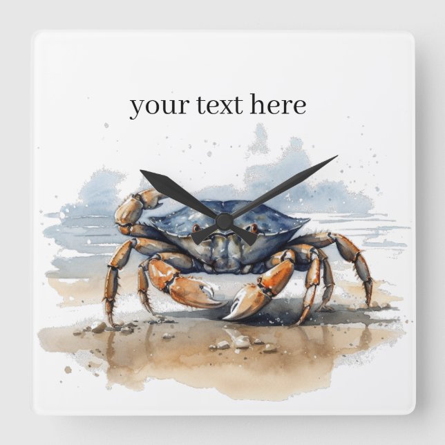 Relógio Quadrado caranguejo azul e laranja caminhando na praia (Frente)