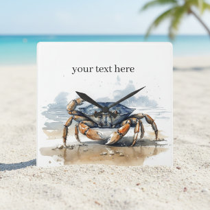 Relógio Quadrado Caranguejo de Praia em Aquarela, personalizado