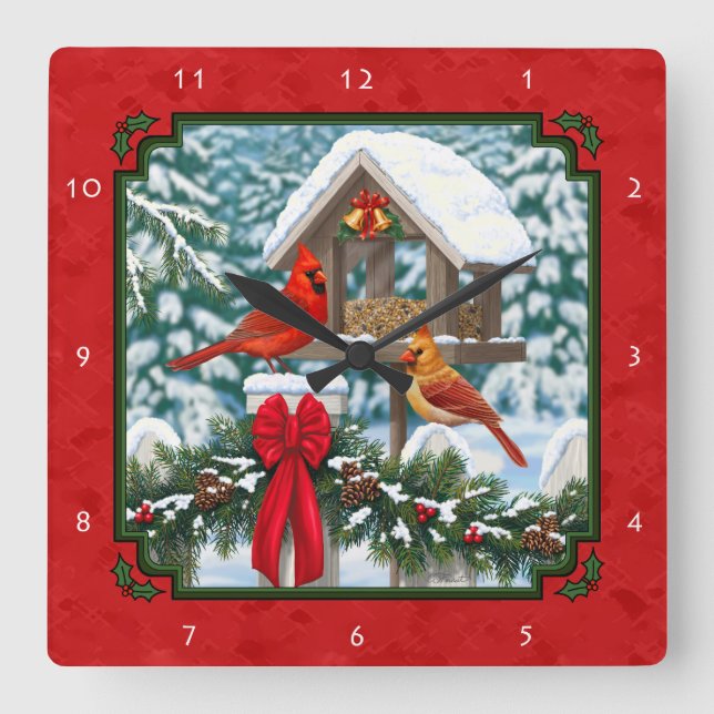 Relógio Quadrado Cardeais Alimentador de Natal Vermelho (Frente)