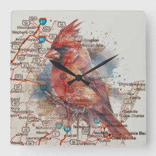 Relógio Quadrado Cardinal no Mapa Rodoviário da Virgínia em Aquarel