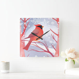 Relógio Quadrado Cardinal Vermelho   Bela Pintura em Aquarela