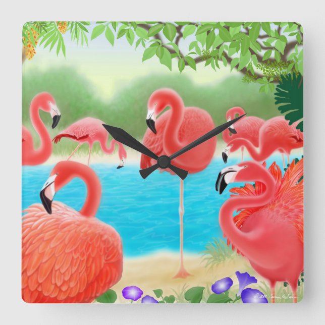 Relógio Quadrado Caribe de Clock de Muro de Pássaros Flamingo Rosa (Frente)