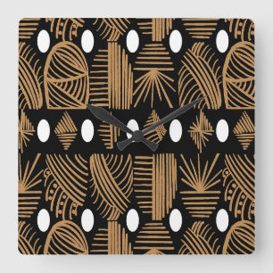 Relógio Quadrado Caribe Tribal Mudclose: Preto, Branco, Dourado