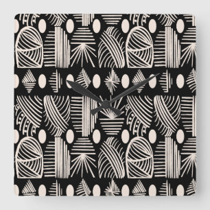 Relógio Quadrado Caribe Tribal Mudcloth: Preto, Branco,