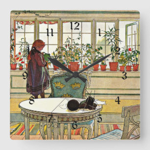 Relógio Quadrado Carl Larsson - Flores no Windowsill