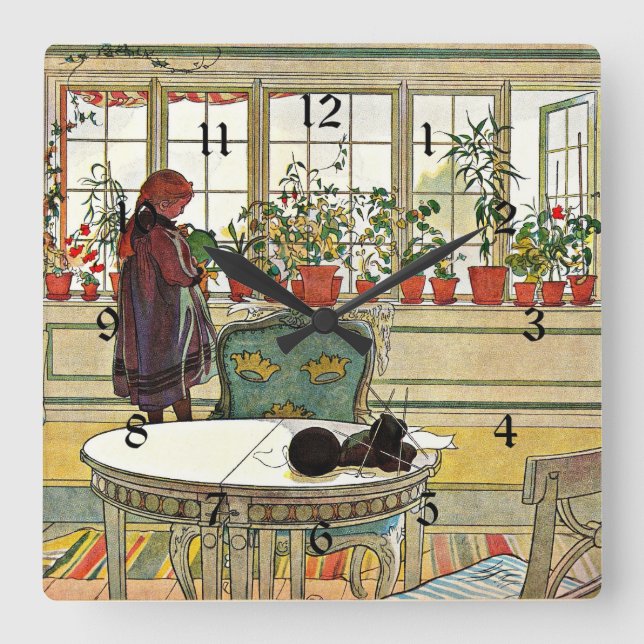Relógio Quadrado Carl Larsson - Flores no Windowsill (Frente)