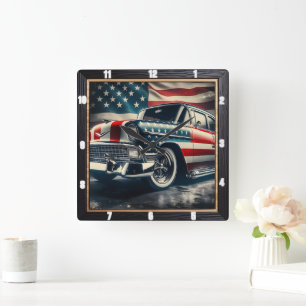 Relógio Quadrado Carro Clássico Patriótico