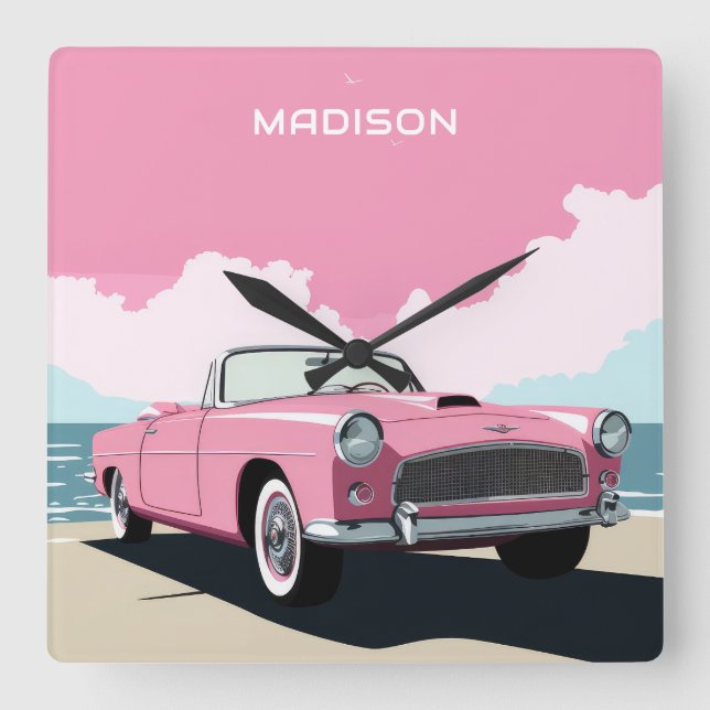 Relógio Quadrado Carro Clássico Rosa de Nome Personalizado (Frente)