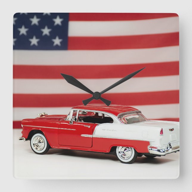 Relógio Quadrado Carro Retroativo Com Bandeira Americana (Frente)