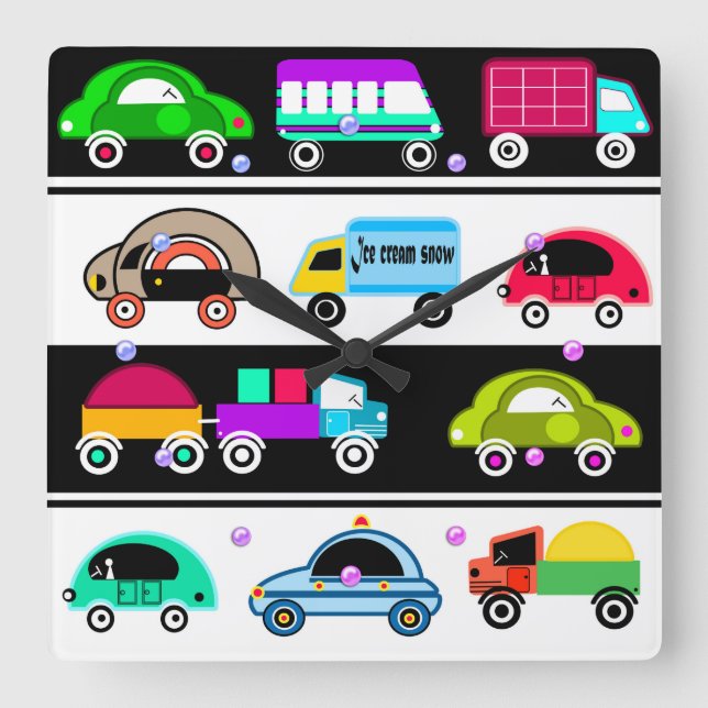 Relógio Quadrado Carros engraçados (Frente)