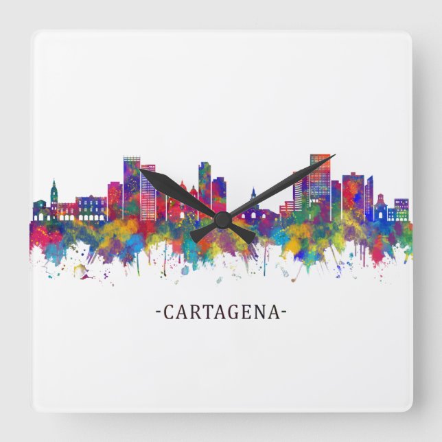 Relógio Quadrado Cartagena Colombia Skyline (Frente)