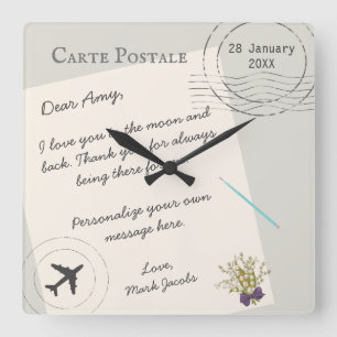 Relógio Quadrado Cartão Postal mensagem personalizada nota de amor