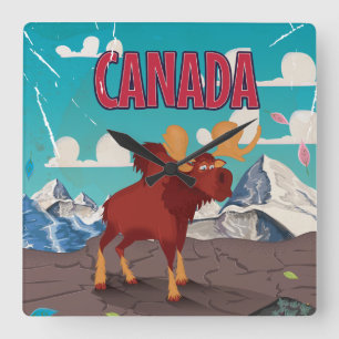 Relógio Quadrado Cartaz de desenho animado vintage do Canadá alce