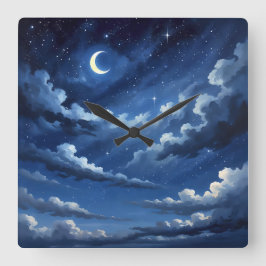 Relógio Quadrado Cartaz do Céu Crescente Estrelado - Estilo de Ilus