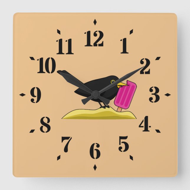 Relógio Quadrado Cartoon Blackbird Comendo Um Sorvete (Frente)