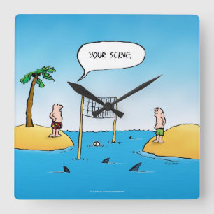 Relógio Quadrado Cartoon Engraçado de Voleibol de Tubarão