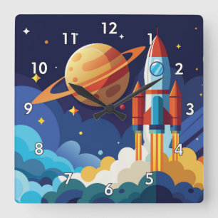 Relógio Quadrado Cartoon Espacial para Crianças Coloridas