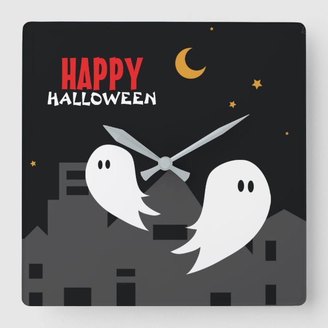 Relógio Quadrado Cartoon fantasma da cidade de Halloween (Frente)
