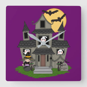Relógio Quadrado Casa assombrada de Halloween e bruxinha pequena