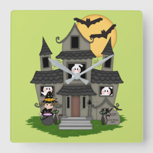 Relógio Quadrado Casa assombrada do Halloween e bruxinha verde