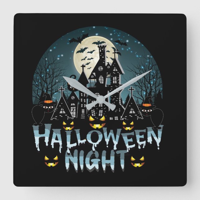 Relógio Quadrado Casa Assombrada, Noite Assustadora do Halloween (Frente)