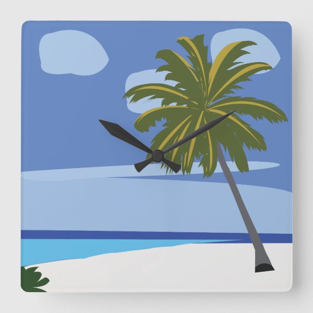 Relógio Quadrado Casa de Férias na Praia com Palmeira (Frente)