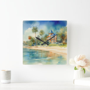RELÓGIO QUADRADO CASA PASTEL WATERCOLOR NO LOCAL DA PRAIA