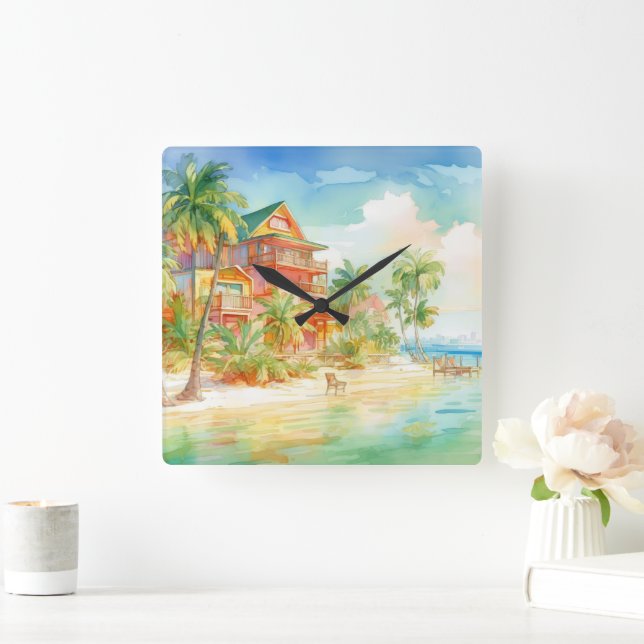 RELÓGIO QUADRADO CASA PASTEL WATERCOLOR NO LOCAL DA PRAIA (Lar)