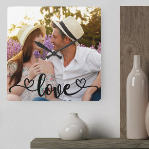 Relógio Quadrado Casais Foto Amor e Corações Caligrafia