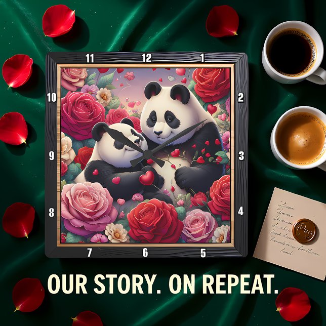 Relógio Quadrado Casal de Pandas no Jardim de Rosas (Criador carregado)