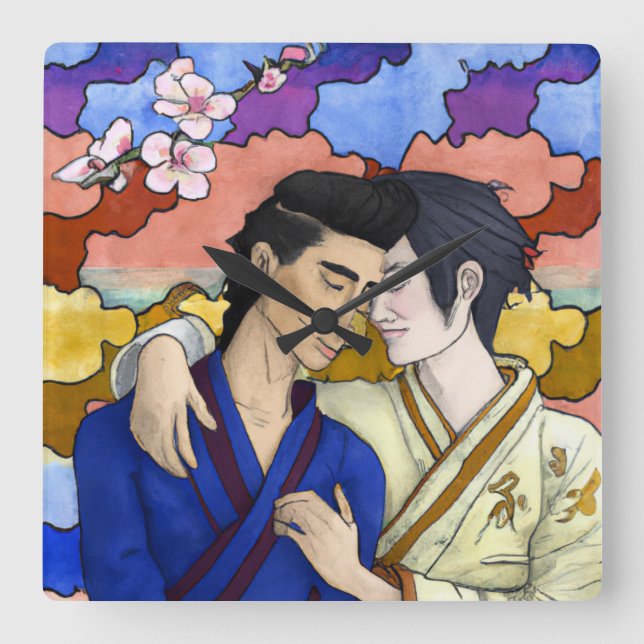 Relógio Quadrado Casal gay no estilo da arte ukiyo-e japonesa (Frente)