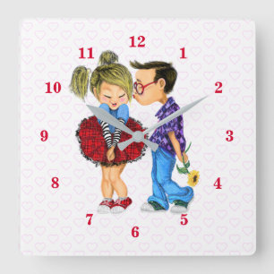 Relógio Quadrado Casal Romântico - Corações de Amor - Beijo