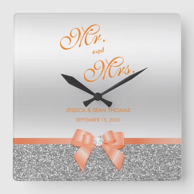 Relógio Quadrado Casamento Romântico de Arcos de Coral e Lixo (Frente)