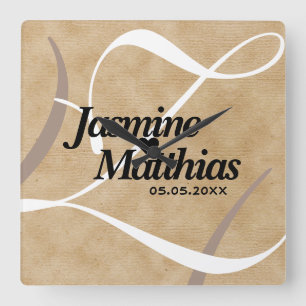 Relógio Quadrado Casamento Rústico Elegante De Monograma De Burlap