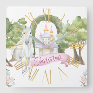 Relógio Quadrado Castelo de Leite de Aquarela e Cavalo Branco