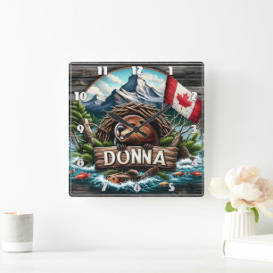 Relógio Quadrado Castor Canadense Perto Do Lago Com Montanhas Rocho