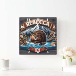 Relógio Quadrado Castor Canadiano, Montanha com Capas de Neve