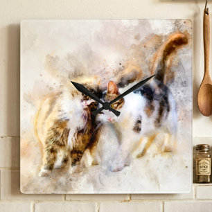 Relógio Quadrado Cats Best Friends Forever Watercolor