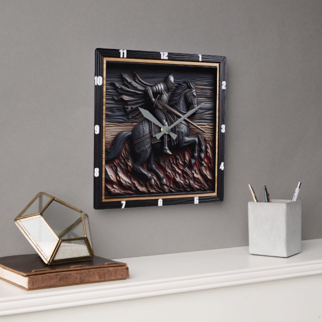 Relógio Quadrado Cavaleiro Medieval: Estilo de Design de Grãos (Escritório)