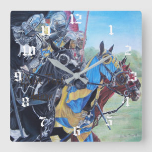 Relógio Quadrado cavaleiros medievais históricos a jorrar em caval