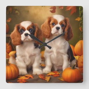 Relógio Quadrado Cavalier King Charles Spaniel Puppy Autumn Pumpkin