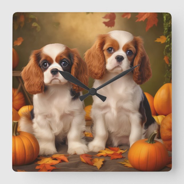 Relógio Quadrado Cavalier King Charles Spaniel Puppy Autumn Pumpkin (Frente)