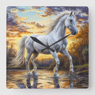 Relógio Quadrado Cavalo Branco Majestoso Galopando Através da Água