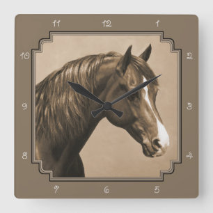 Relógio Quadrado Cavalo Chestnut Morgan em Sepia