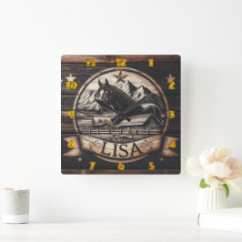 Relógio Quadrado Cavalo De Madeira Com Fundo De Montanha