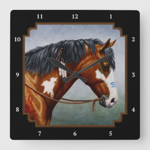 Relógio Quadrado Cavalo de Pinto Bay Nativo Americano