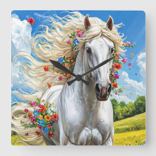 Relógio Quadrado Cavalo e flores Decoração de Casa Natureza Românti