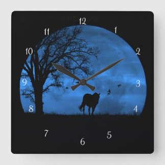 Relógio Quadrado Cavalo e Lua Cheia Azul Bonito