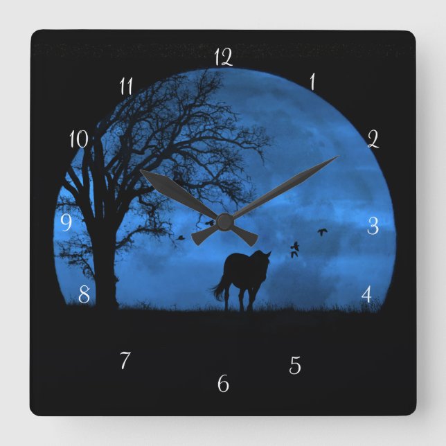 Relógio Quadrado Cavalo e Lua Cheia Azul Bonito (Frente)